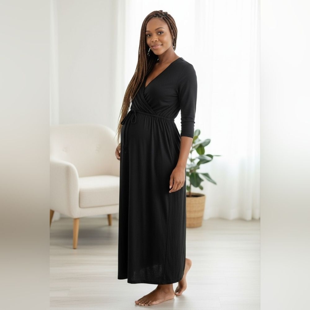Everly Black Maternity Nursing Maxi Dress | Faux Wrap Jersey Knit Medium Comfy